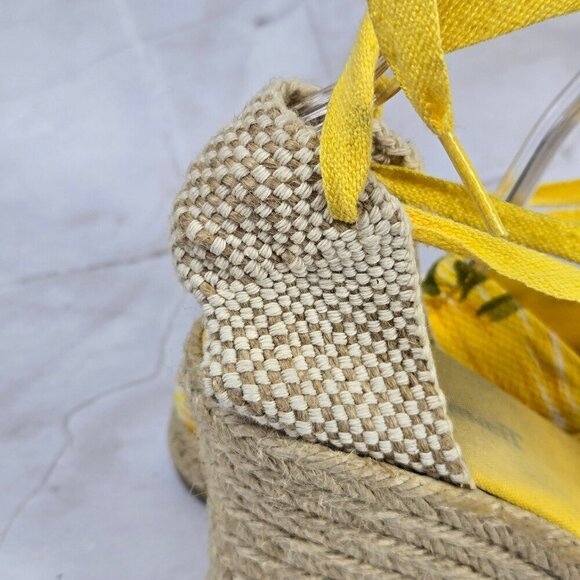 L. K. Bennett Size 40 (US 8.5) Yellow Lace Up Wedge Heels Floral Print Textile - Picture 10 of 16